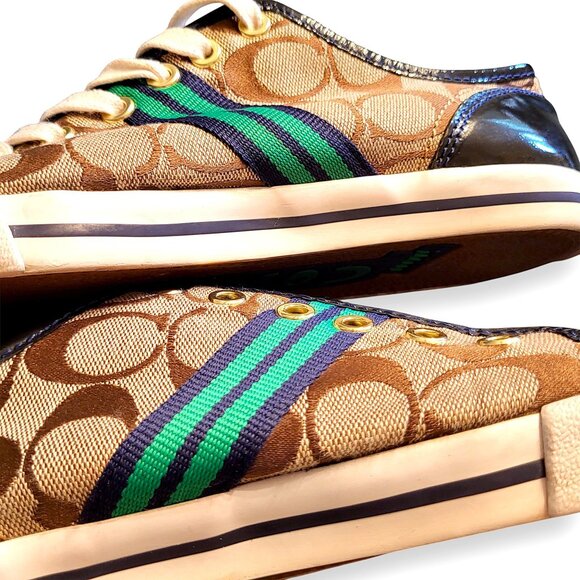 Coach Folly Signature C Sneakers Brown/Green Stripe & Blue Purple Heel Womenโs 8 - Picture 7 of 16